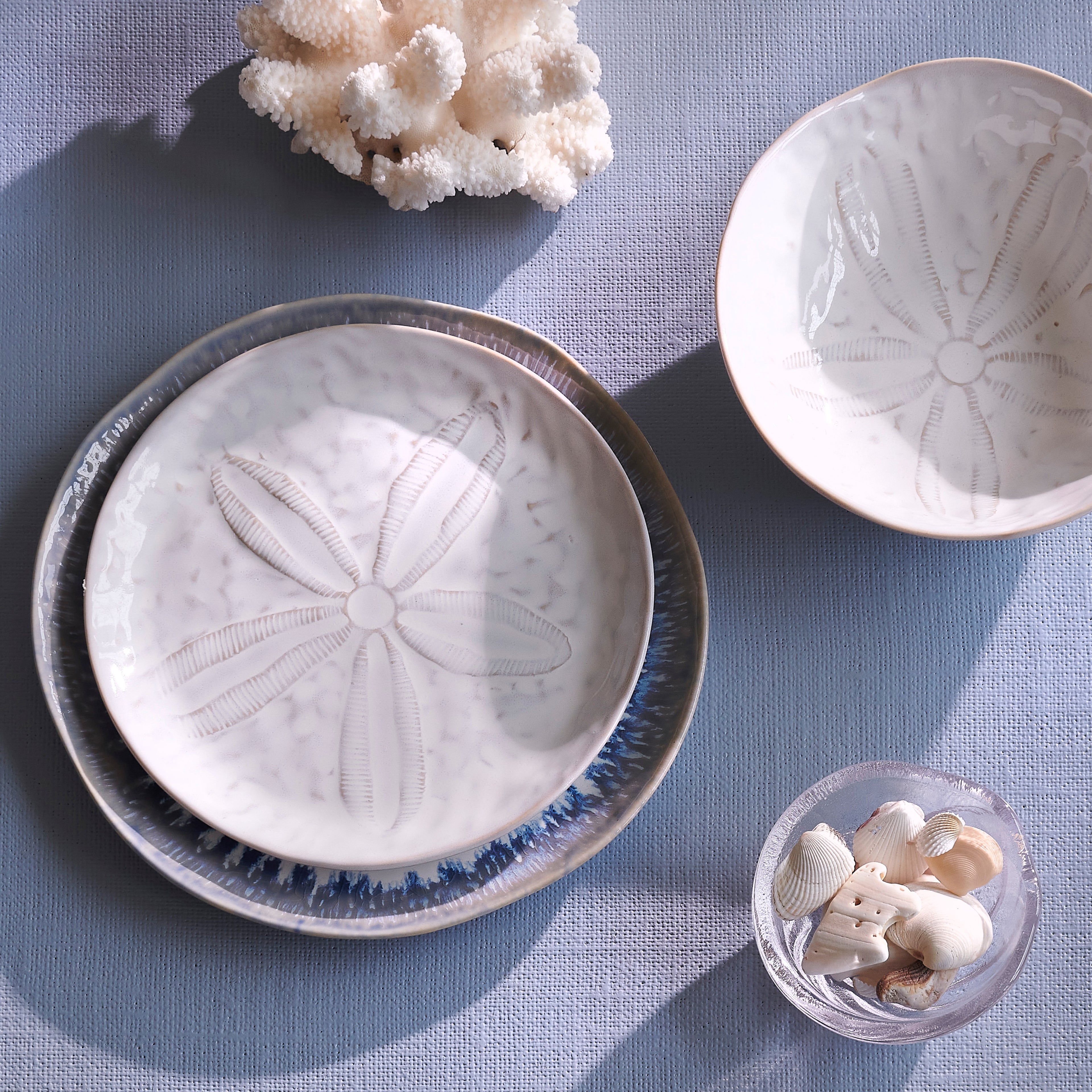 White side plate with embossed sand dollar design and blue-gray rim, displayed with coordinating tableware.