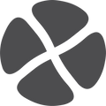 Four dark gray rounded petal shapes arranged around a white cross on white background.