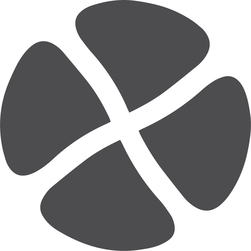 Four dark gray rounded petal shapes arranged around a white cross on white background.