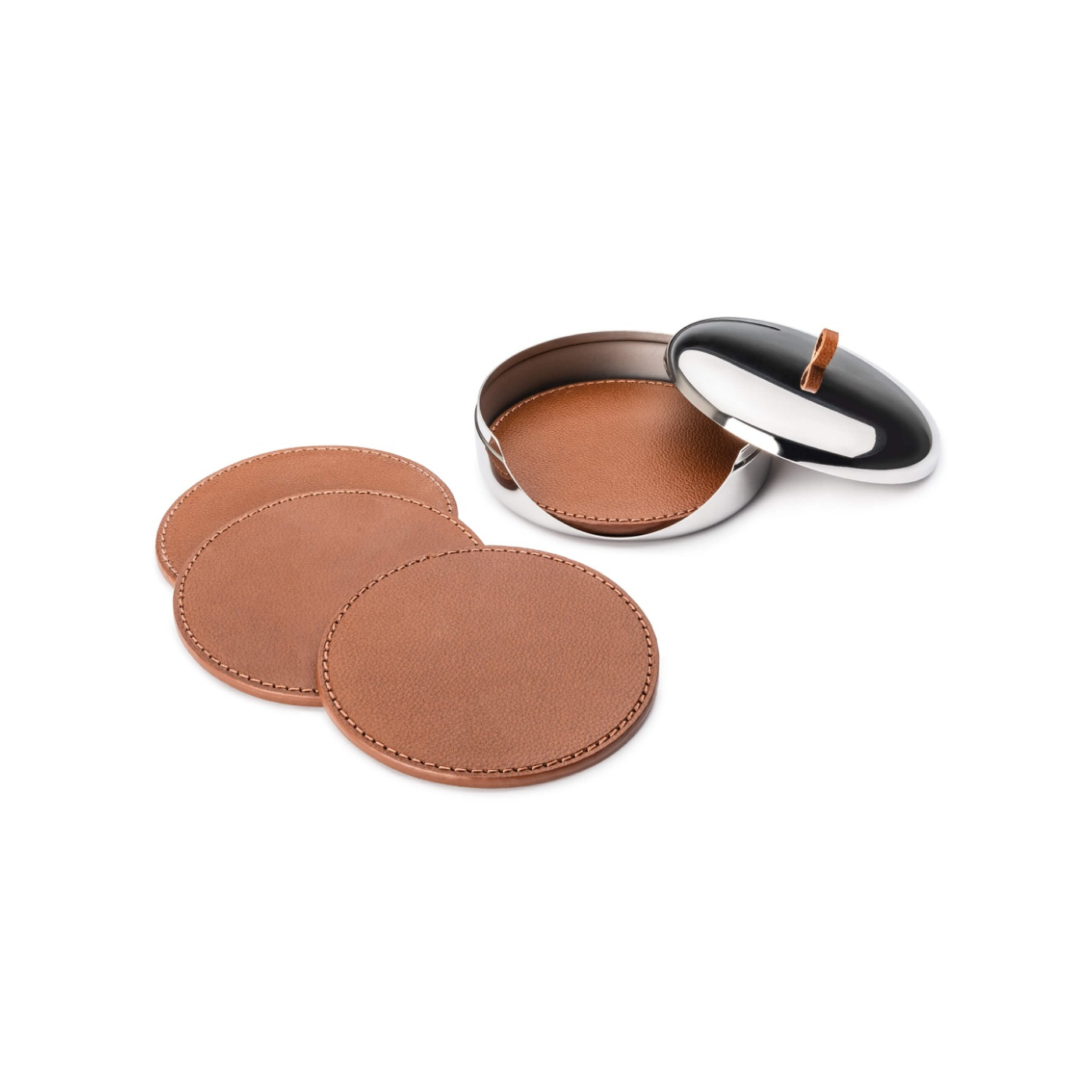 Set of tan leather coasters with stitched edges, stainless steel case with black lid and brown handle.