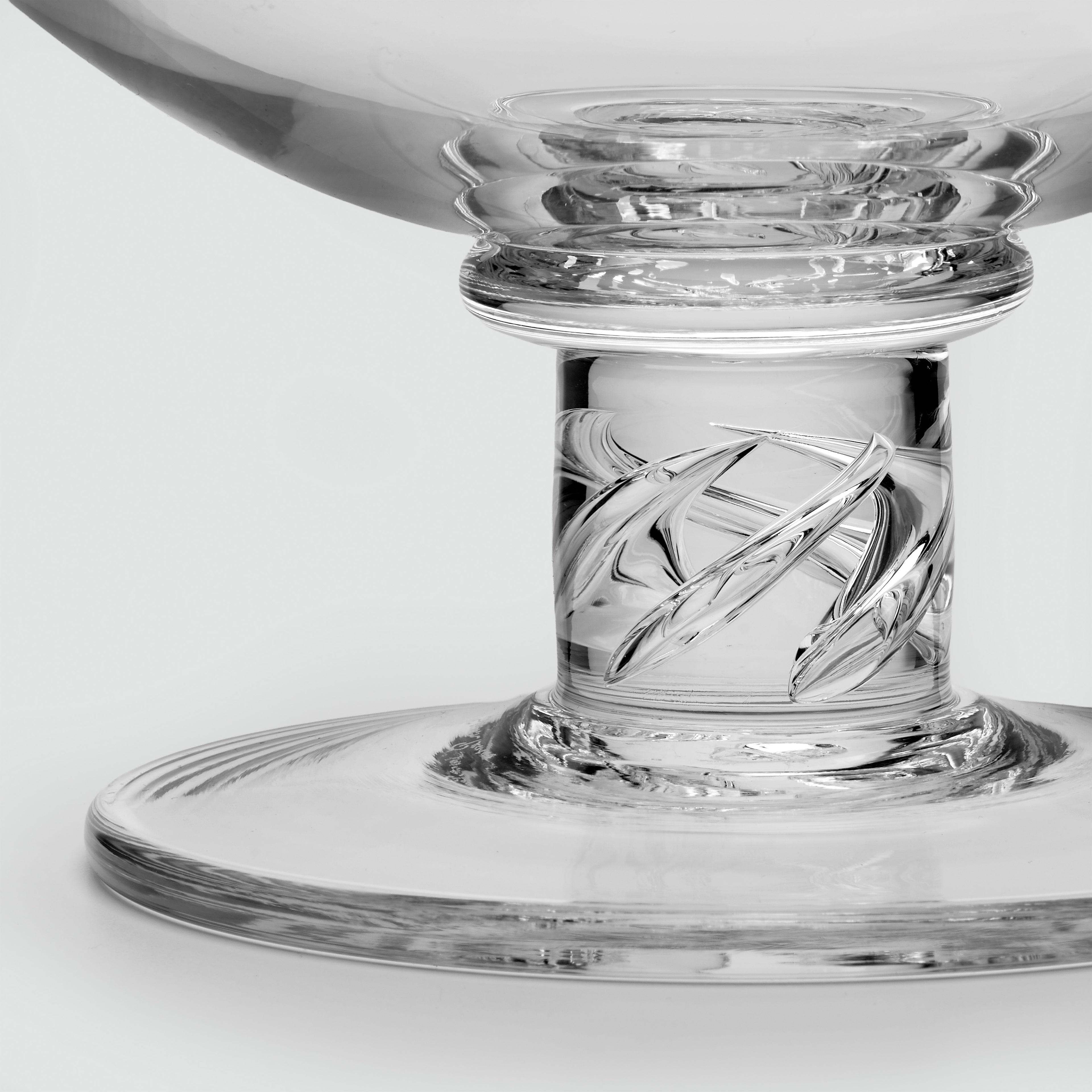 Close-up of a clear glass pedestal bowl with a geometric pattern on the stem, set against a light gray background.