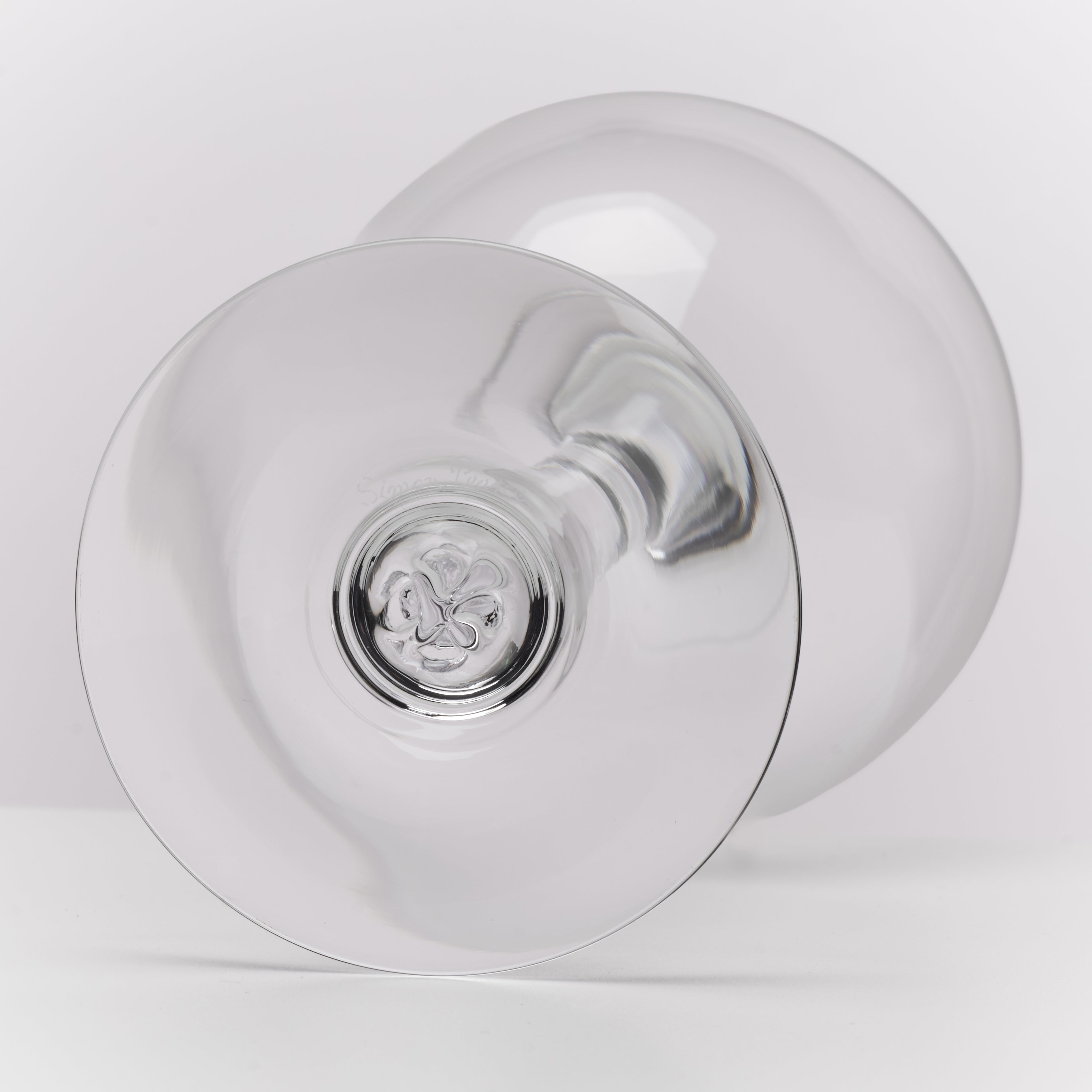 A clear glass goblet or wine glass shown from a bottom angle on a light gray studio background.