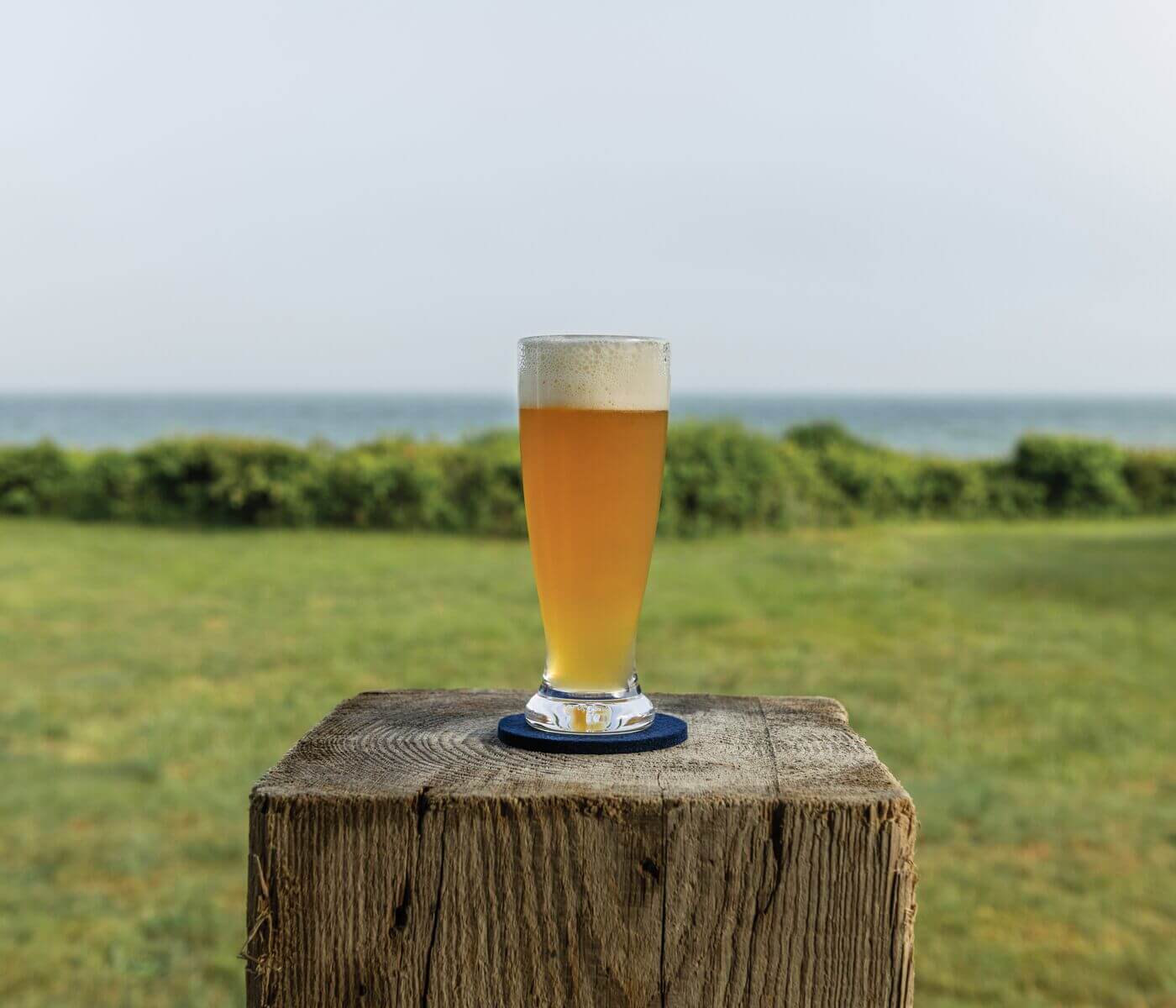Glass of golden pilsner beer with foam head on wooden post overlooking water and green landscape.