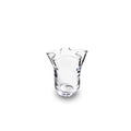 Clear glass bud vase with wavy, scalloped rim and textured cylindrical body.