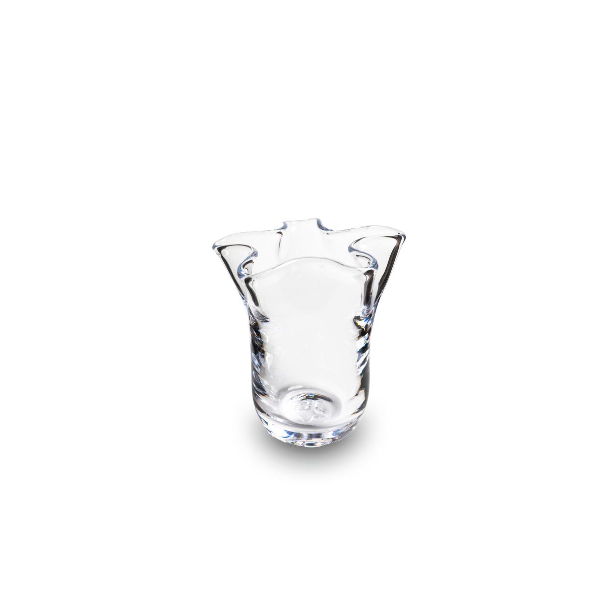 Clear glass bud vase with wavy, scalloped rim and textured cylindrical body.