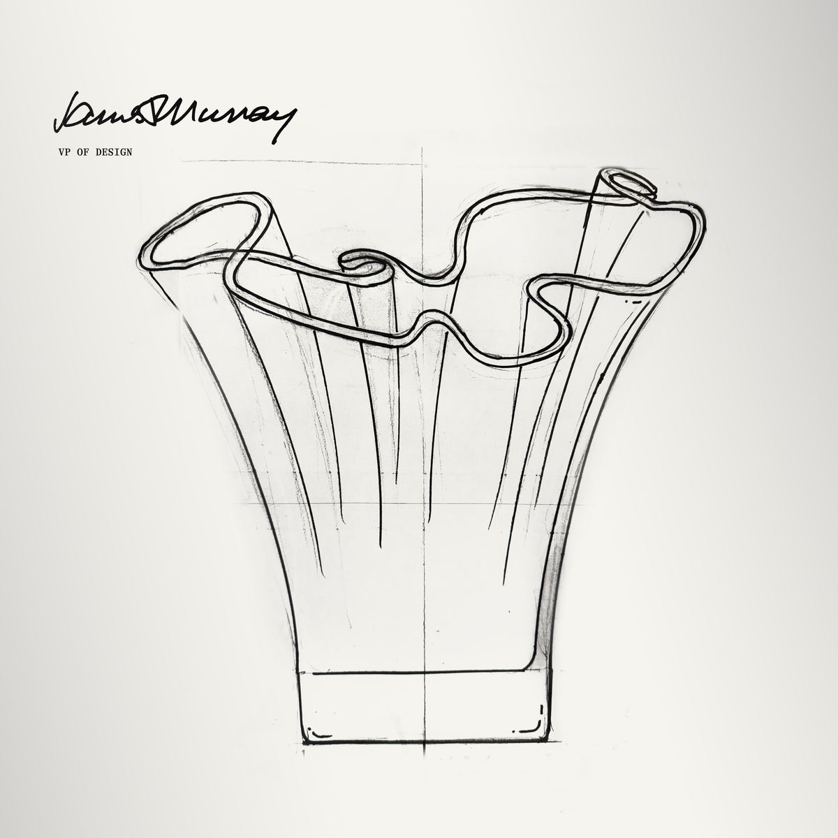 Hand-drawn design sketch of a vase with wavy, scalloped rim edges and vertical ribbed body lines.