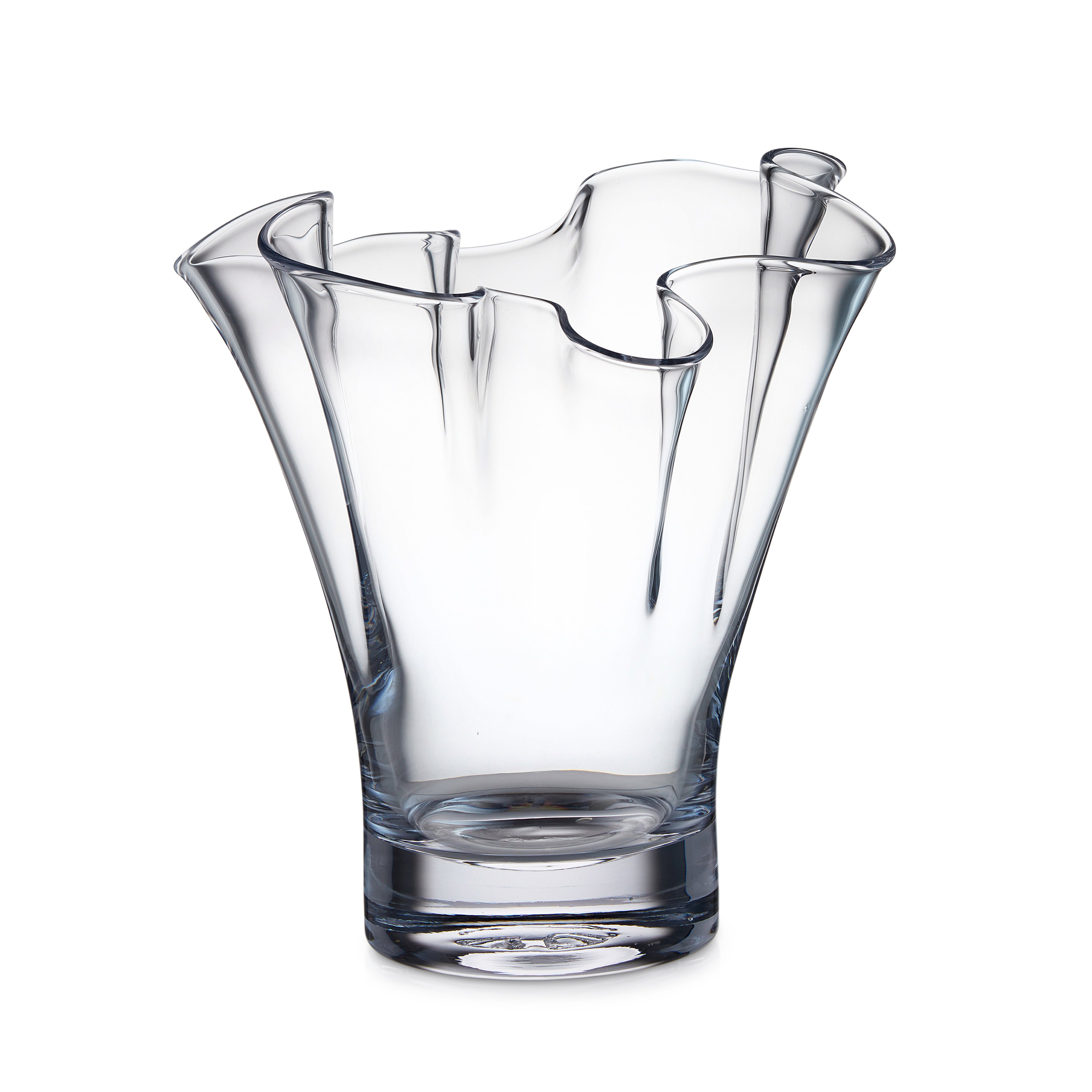 Clear glass vase with wavy ruffled rim and four petal-shaped openings at the top.
