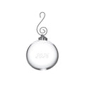 Clear glass round ornament with "2026" engraved on surface and metal scrolled hook hanger.