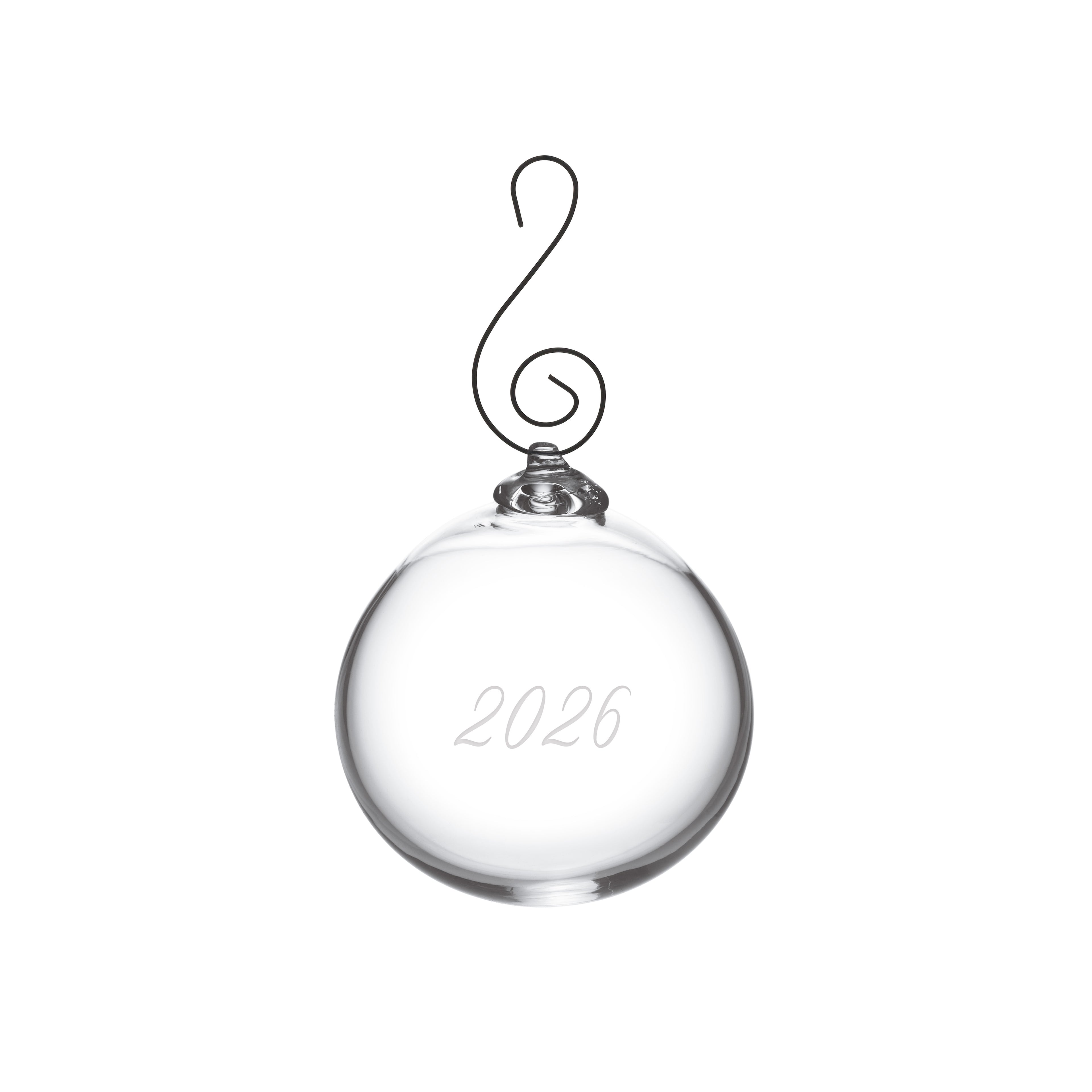 Clear glass round ornament with "2026" engraved on surface and metal scrolled hook hanger.