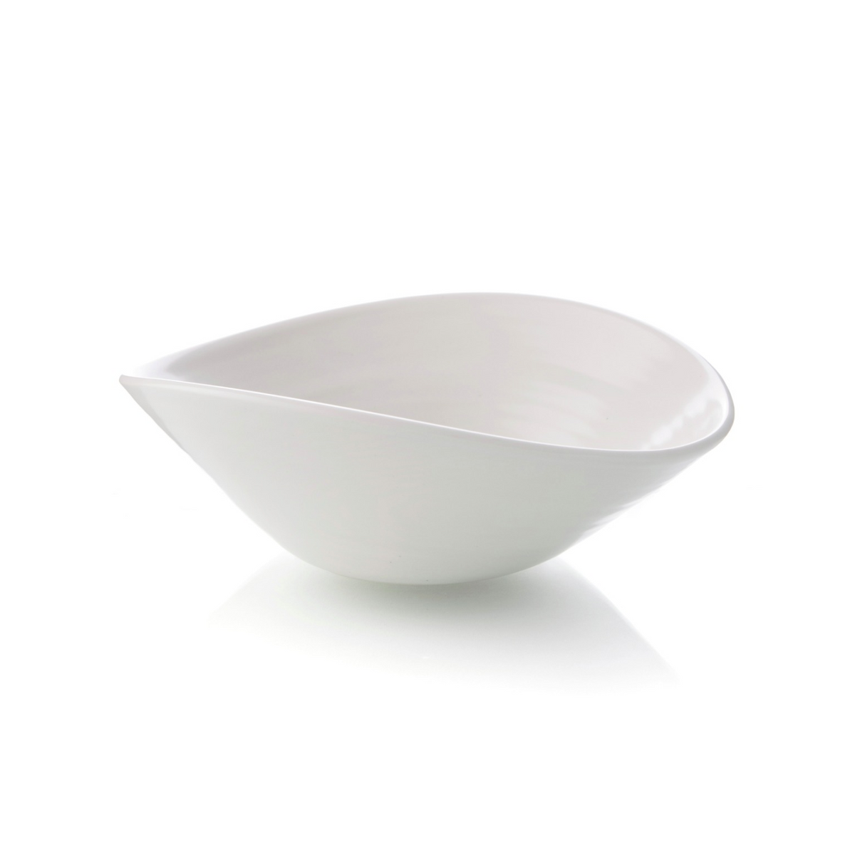 White ceramic serving bowl with curved sides and a pouring spout on one edge.