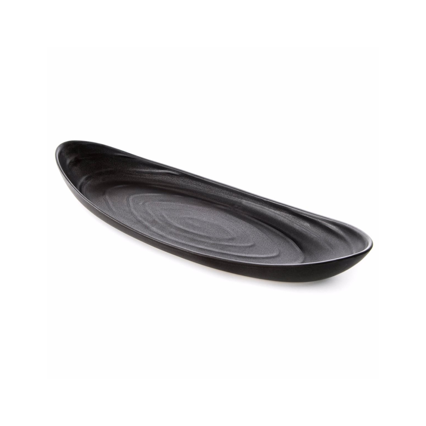 Large black oval serving platter with concentric circular texture pattern and raised rim.