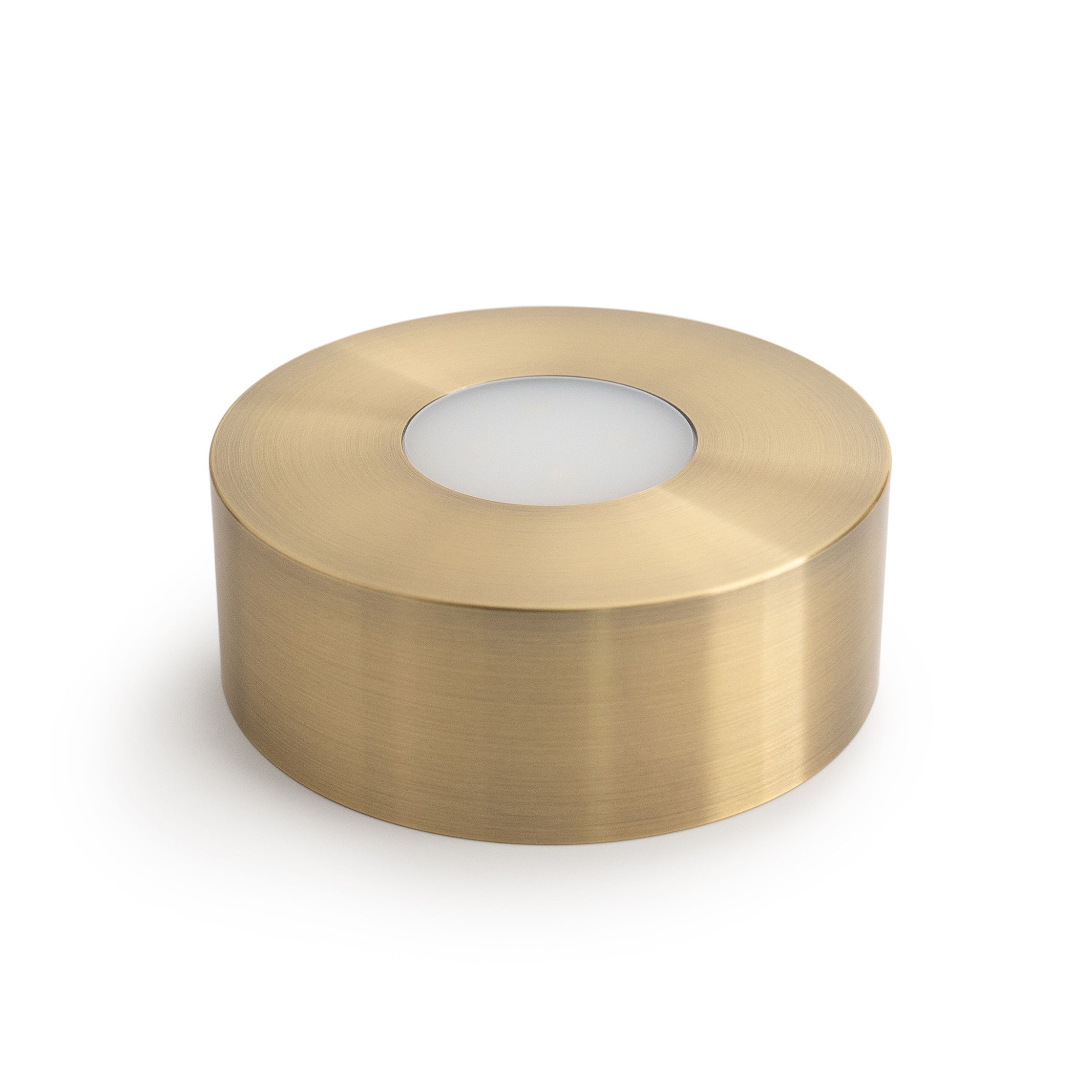 Brushed brass cylindrical base with white frosted glass center opening.