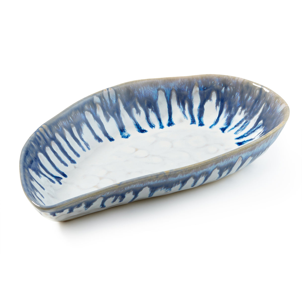 Oval ceramic bowl with blue and white striped pattern and textured mussel shell-shaped design.