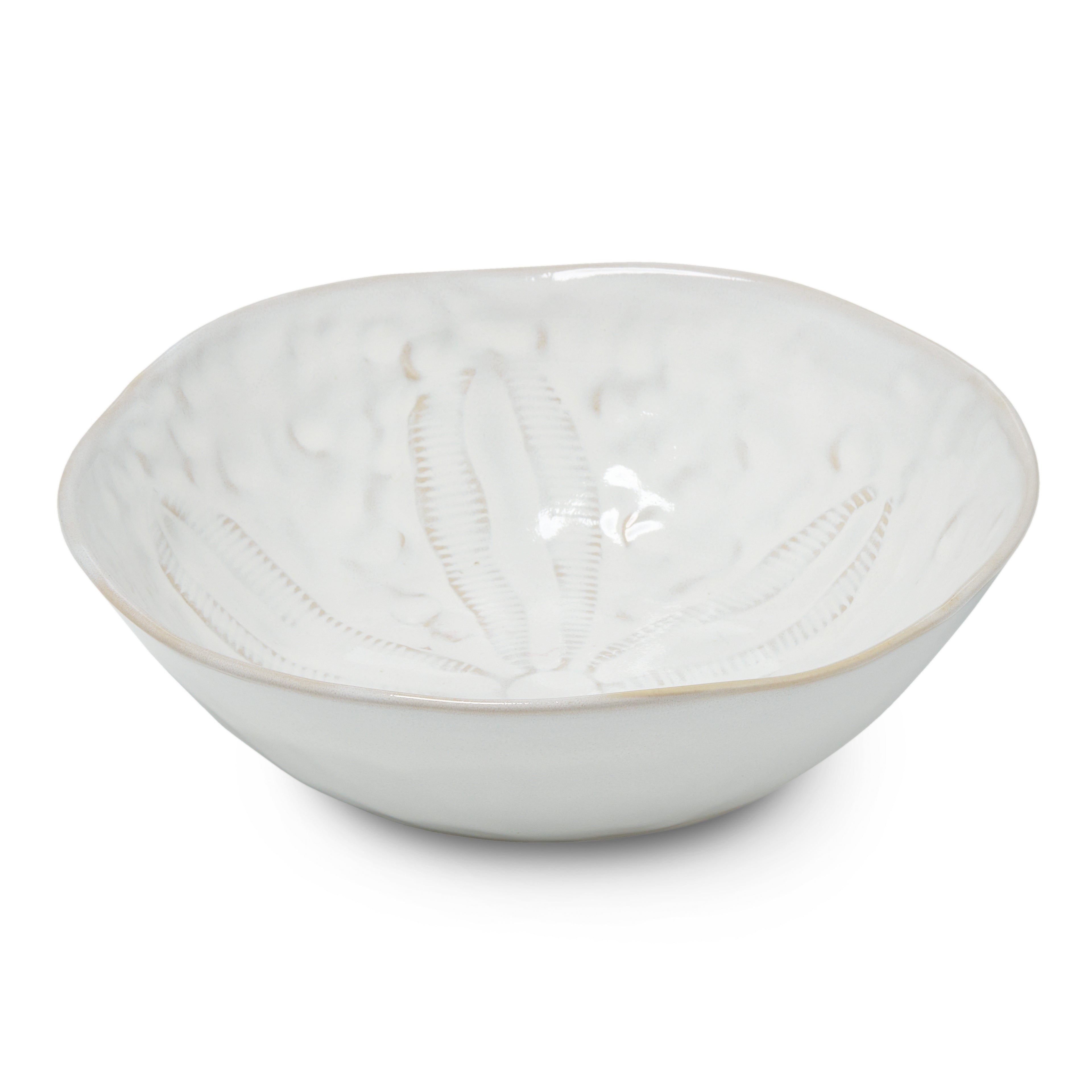 White ceramic pasta bowl with embossed sand dollar pattern and beige rim detail.