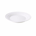 White ceramic dinner plate with wide rim and shallow bowl center.