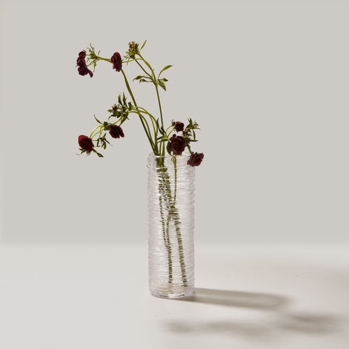 Clear glass cylinder vase with textured surface holding dark burgundy flowers with green stems.