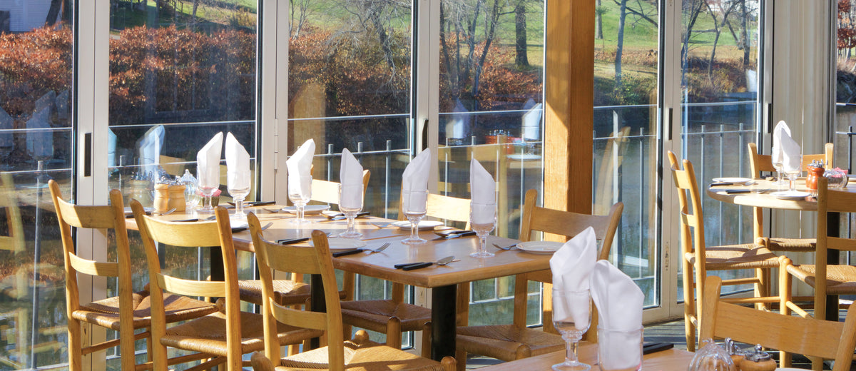 Simon Pearce handcrafted glassware and pottery available to shop from the restaurant