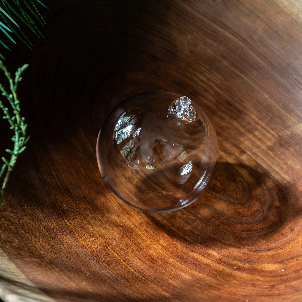 Clear glass round ornament with silver leaf accents on wooden surface with green foliage.