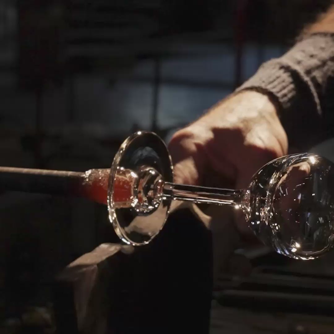 Video of a wine glass being made by a glassblower at Simon Pearce