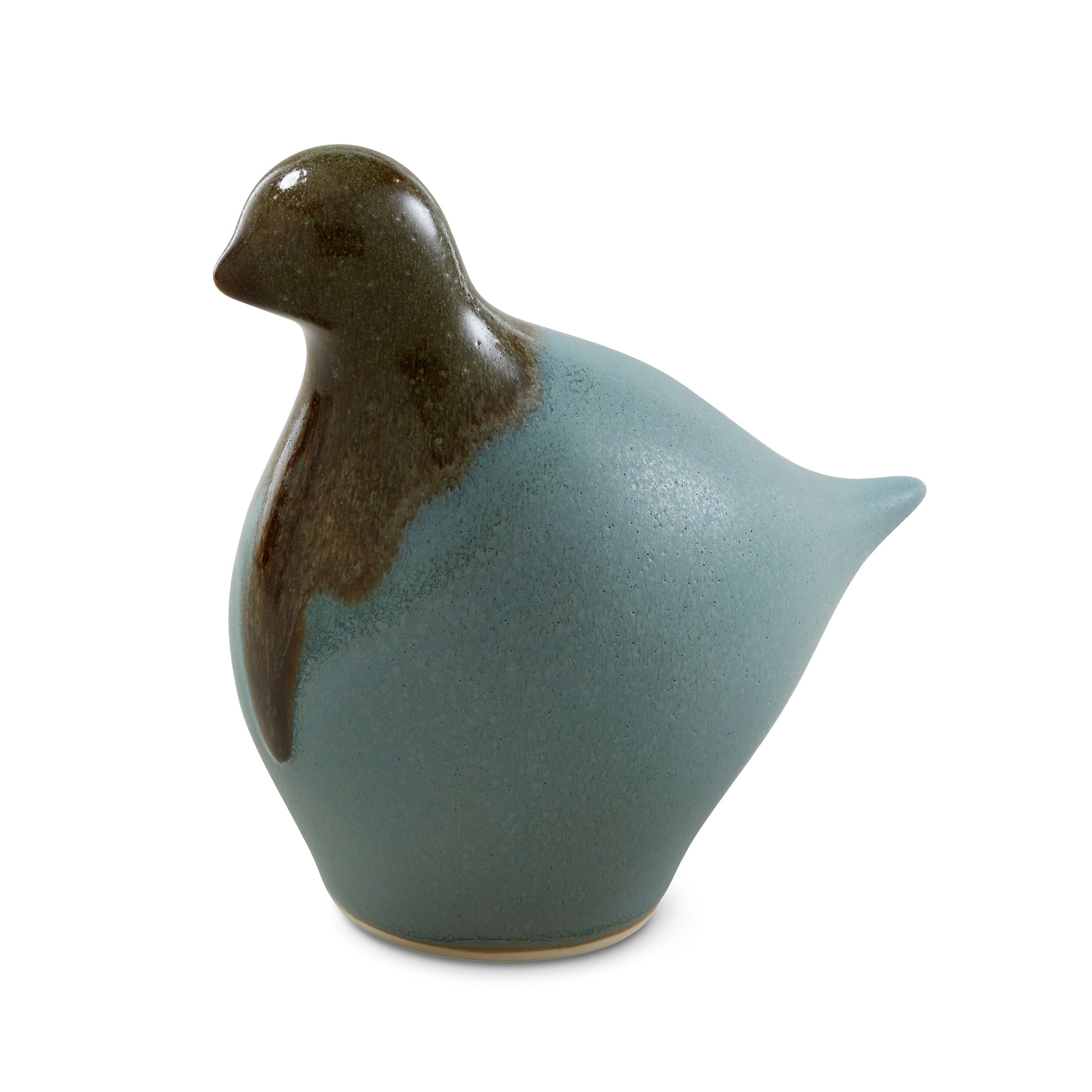 Ceramic dove figurine with sage green body and dark brown glazed head and neck.