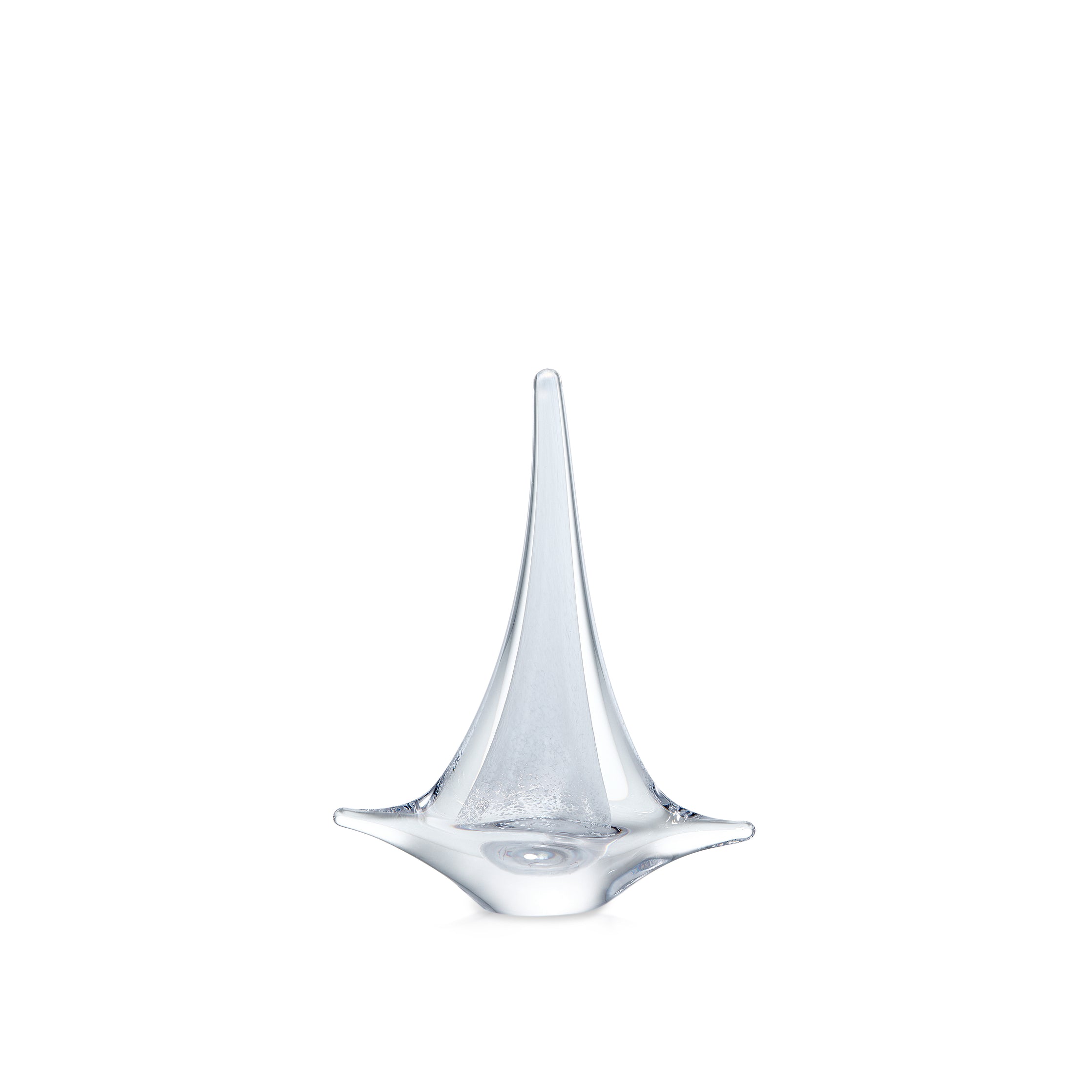 Clear glass sailboat with tall pointed mast and wide triangular base.