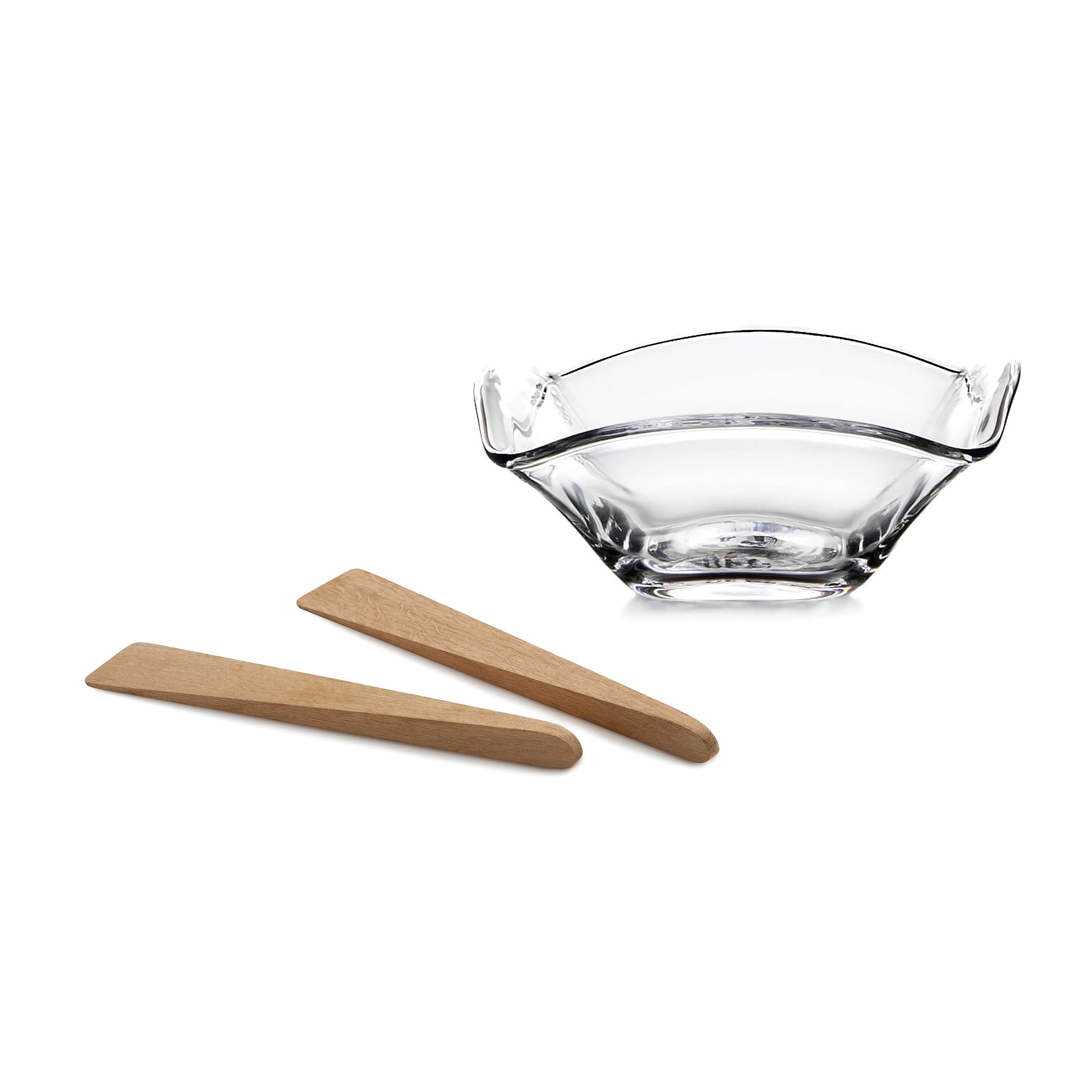 Clear glass bowl with flared rim and two wooden serving utensils.