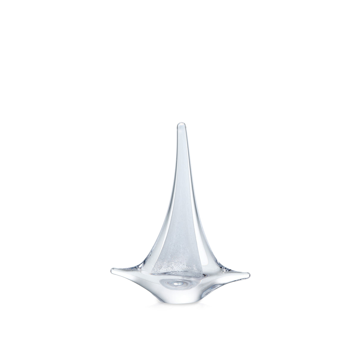 White glass sailboat with tall pointed mast and wide base, small size.
