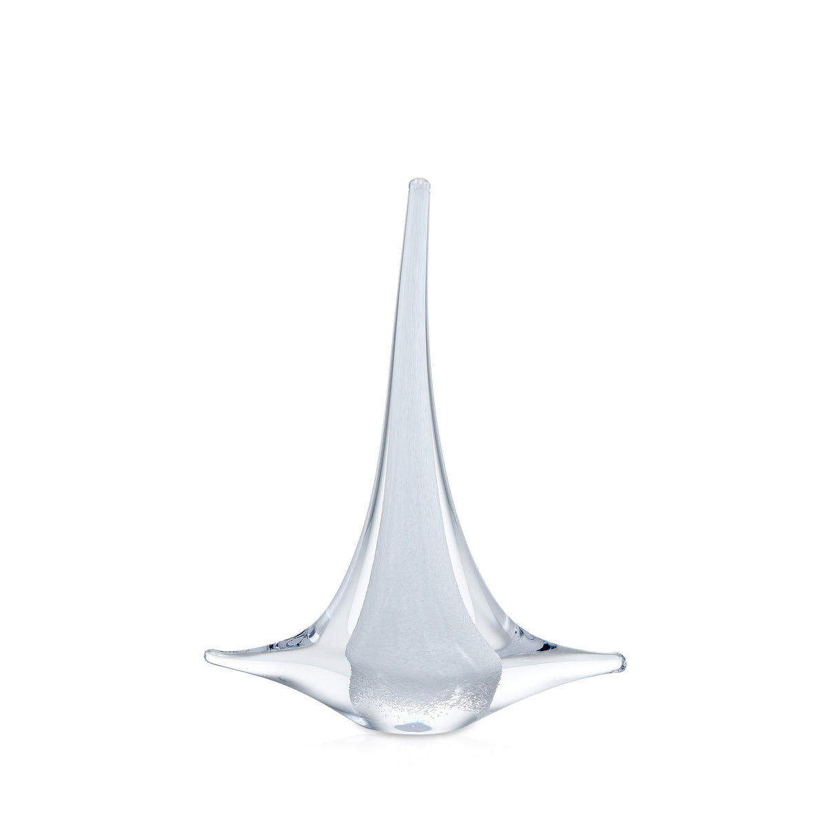 White glass sailboat with tall tapered mast and curved hull base.