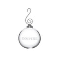 Clear glass round ornament with "INSPIRE" engraved on front and decorative metal hook.