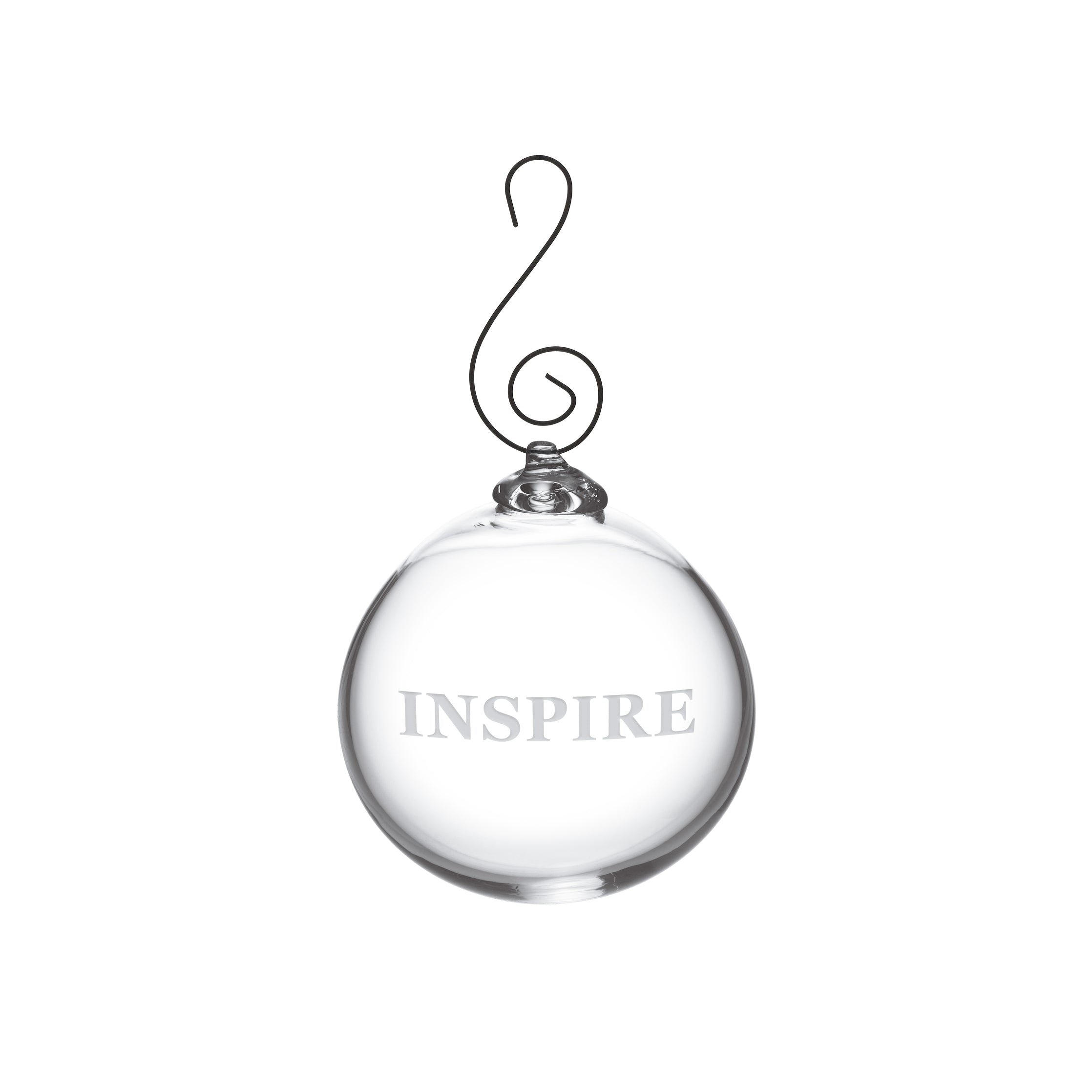 Clear glass round ornament with "INSPIRE" engraved on front and decorative metal hook.