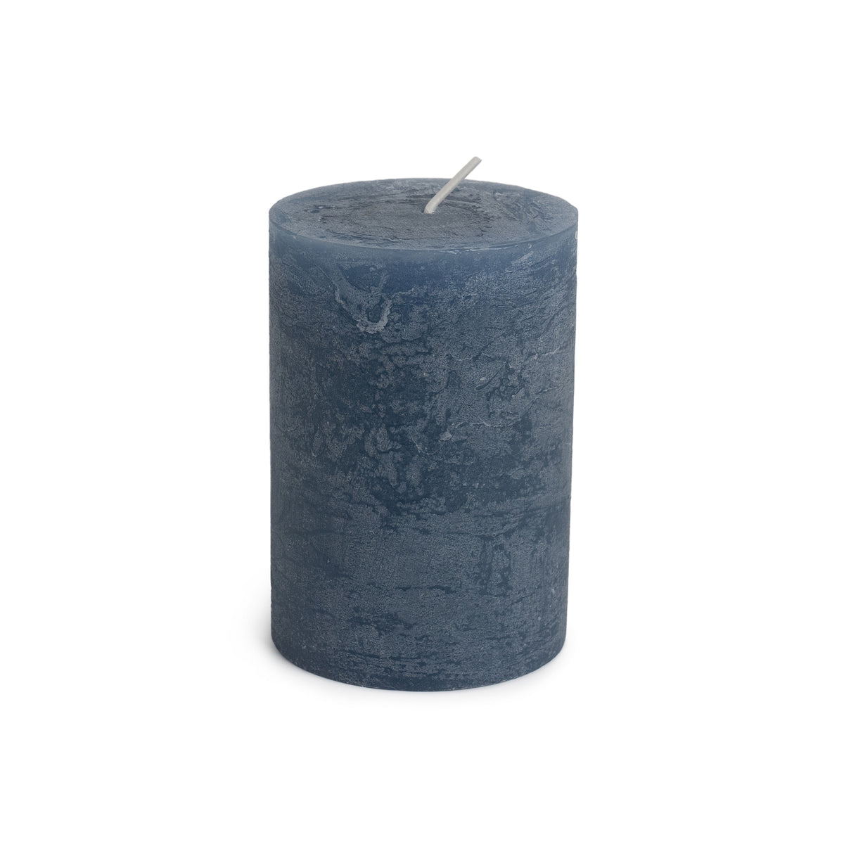 Blue cylindrical pillar candle with gray wick and textured surface.