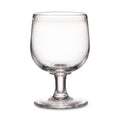 Clear glass goblet with rounded bowl, short stem, and circular base.