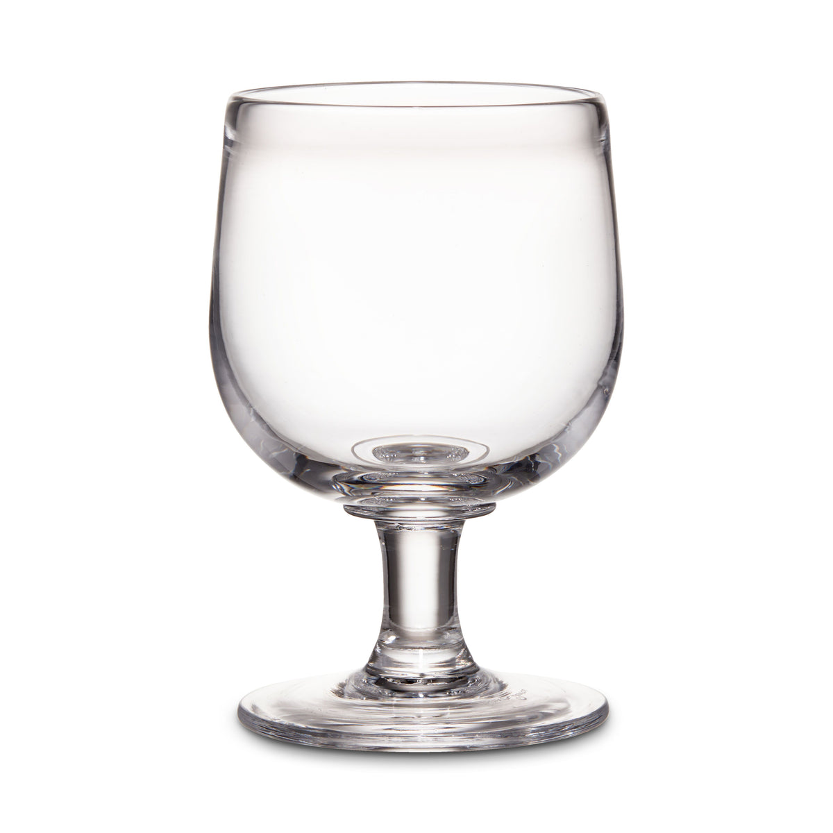 Clear glass goblet with rounded bowl, short stem, and circular base.