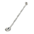 Stainless steel stirring spoon with long handle, round bowl end, and decorative knot detail on shaft.