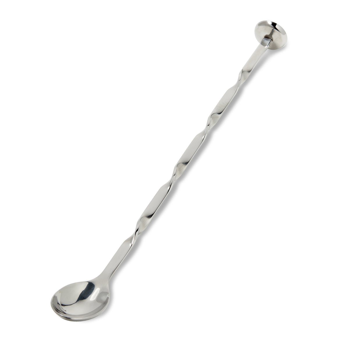 Stainless steel stirring spoon with long handle, round bowl end, and decorative knot detail on shaft.