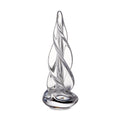 Clear glass spiral-shaped evergreen tree with four-sided twisted design and round base.