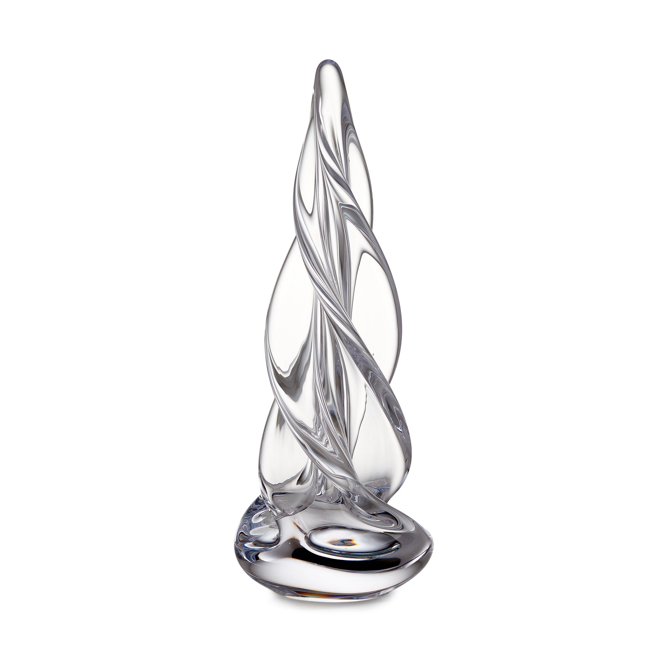 Clear glass spiral-shaped evergreen tree with four-sided twisted design and round base.