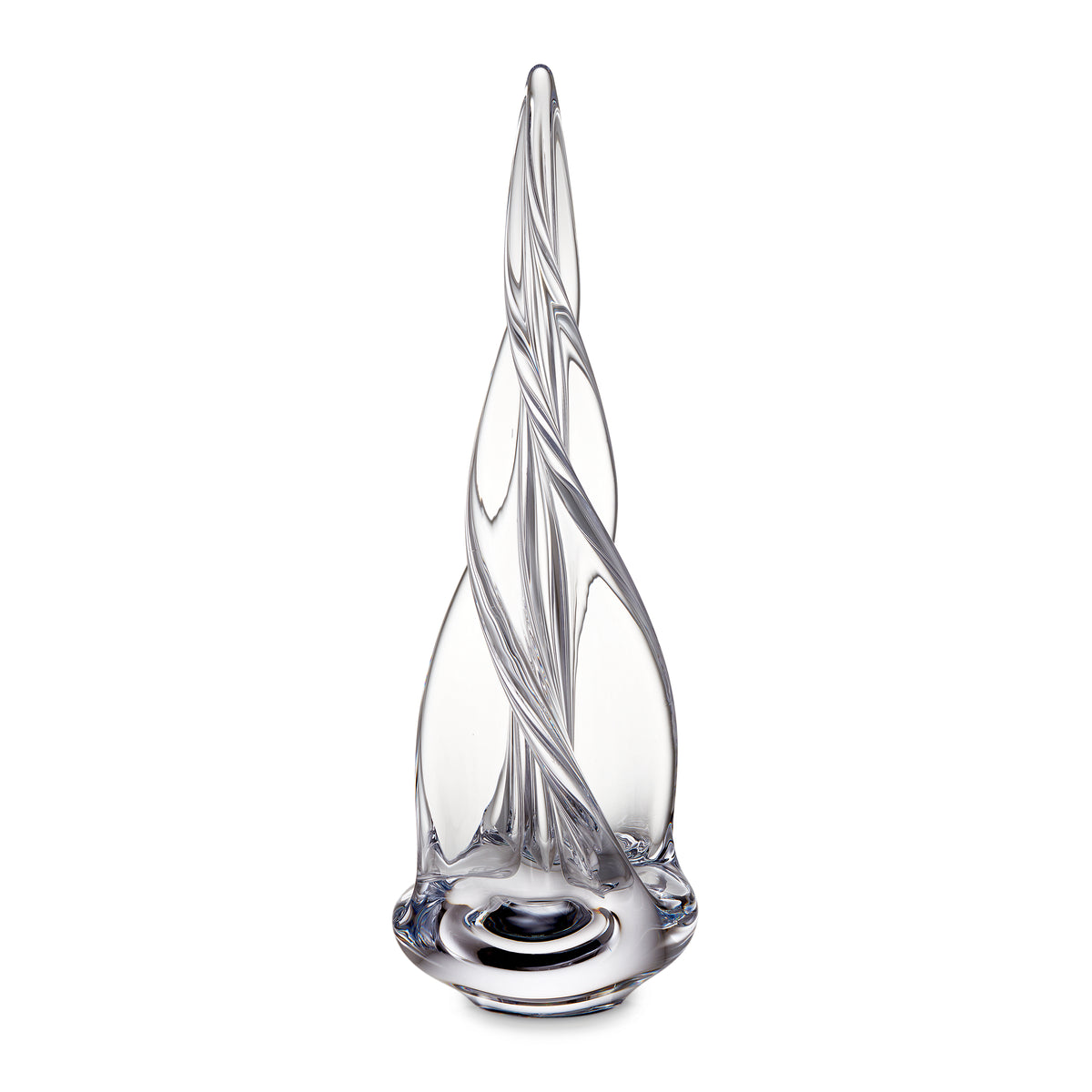 Clear glass spiral-twisted evergreen-shaped ornament with pointed top and round base.
