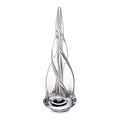 Clear glass spiral tree sculpture with four-sided twisted design and rounded base.
