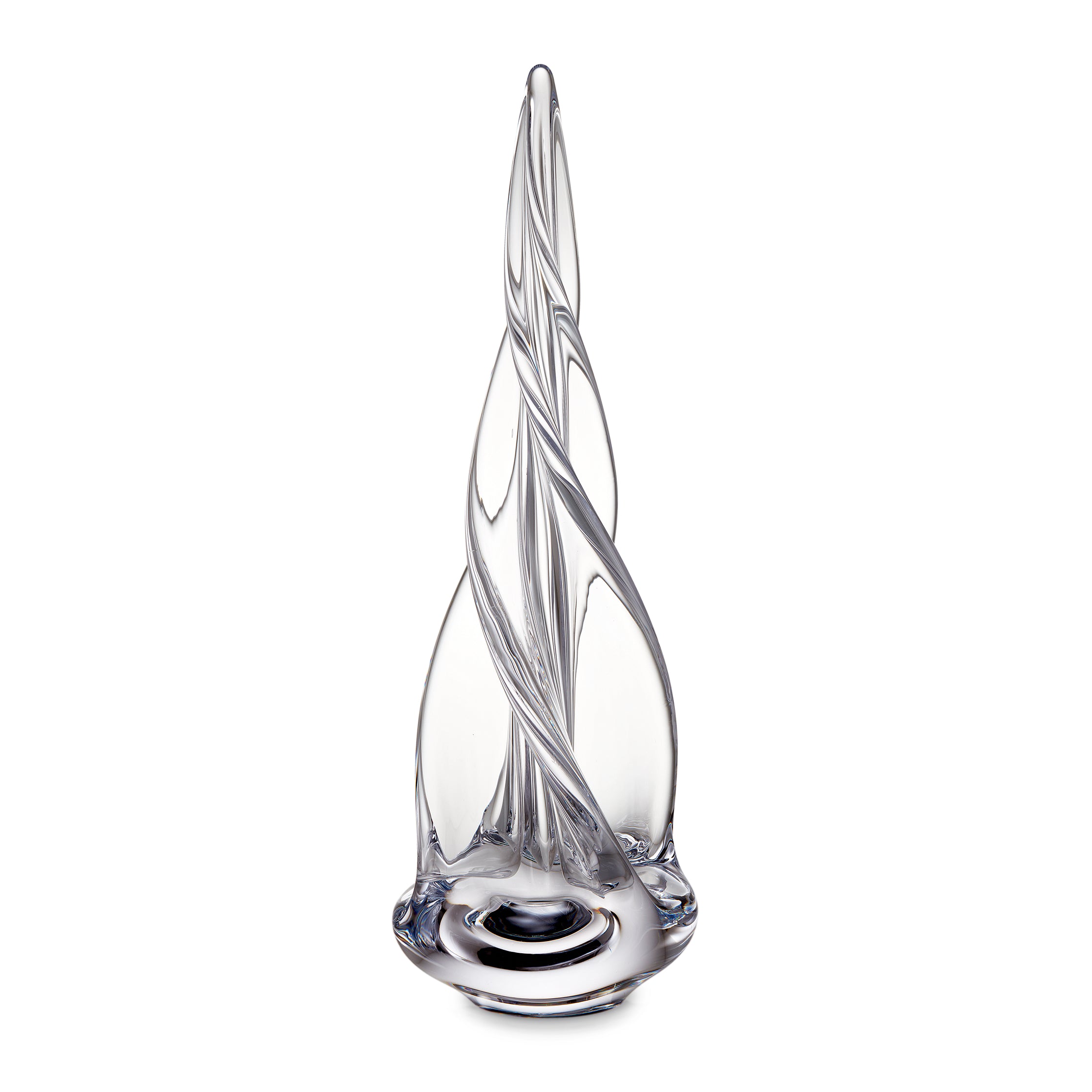Clear glass spiral tree sculpture with four-sided twisted design and rounded base.