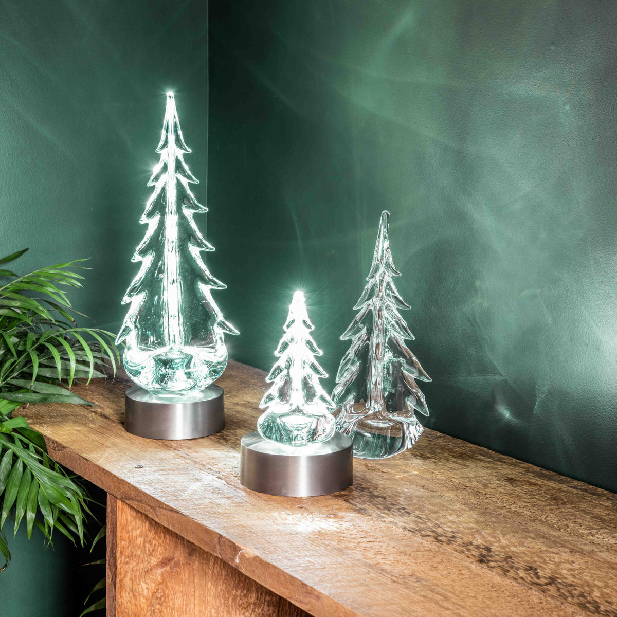 Three illuminated glass tree figurines with white LED lights on metal bases, displayed on wooden shelf with evergreen plant.