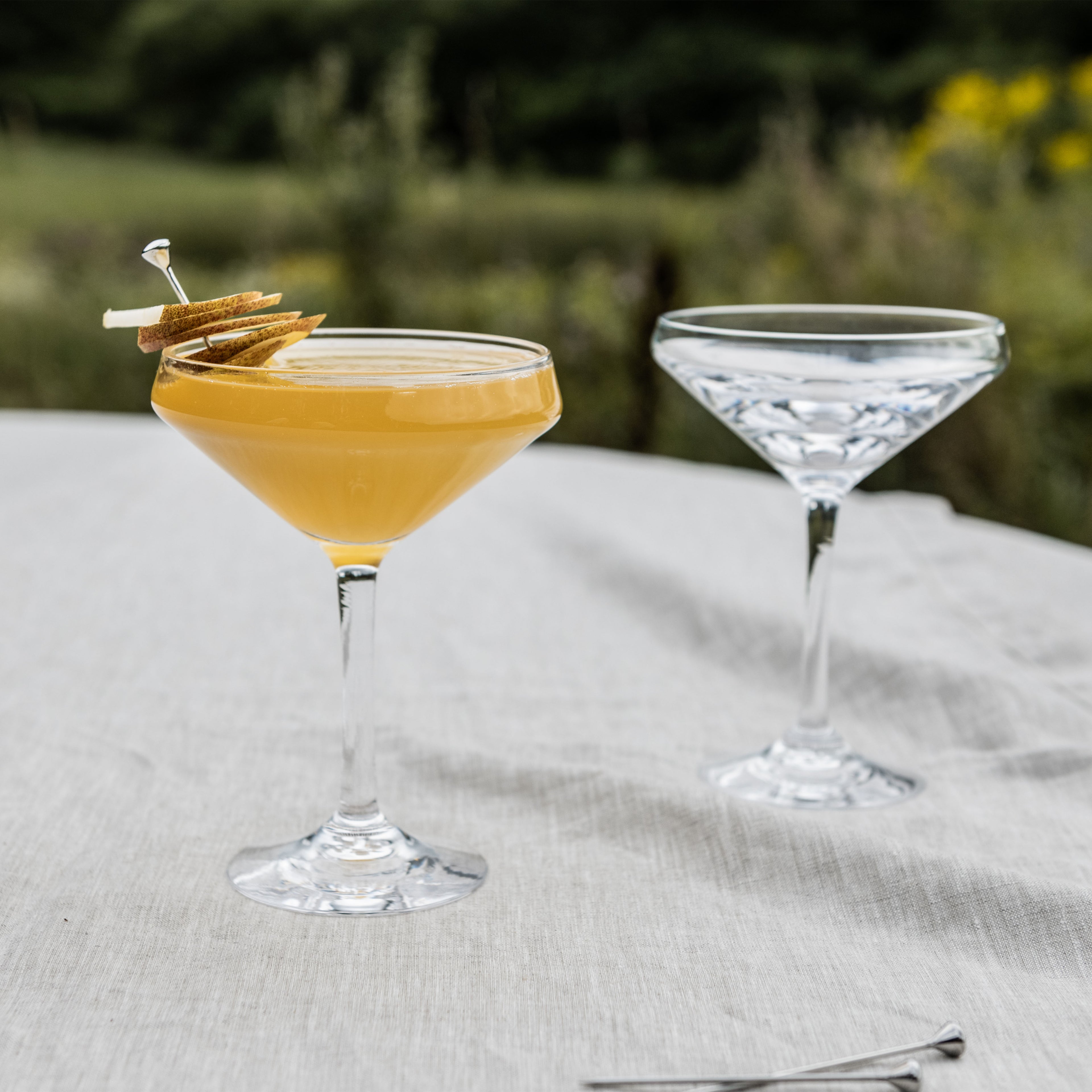Two coupe glasses on white surface, one filled with amber cocktail garnished with cinnamon sticks, one empty.