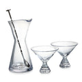 Glass bar set containing a mixing pitcher with stirring rod and two martini glasses with blue-rimmed edges.