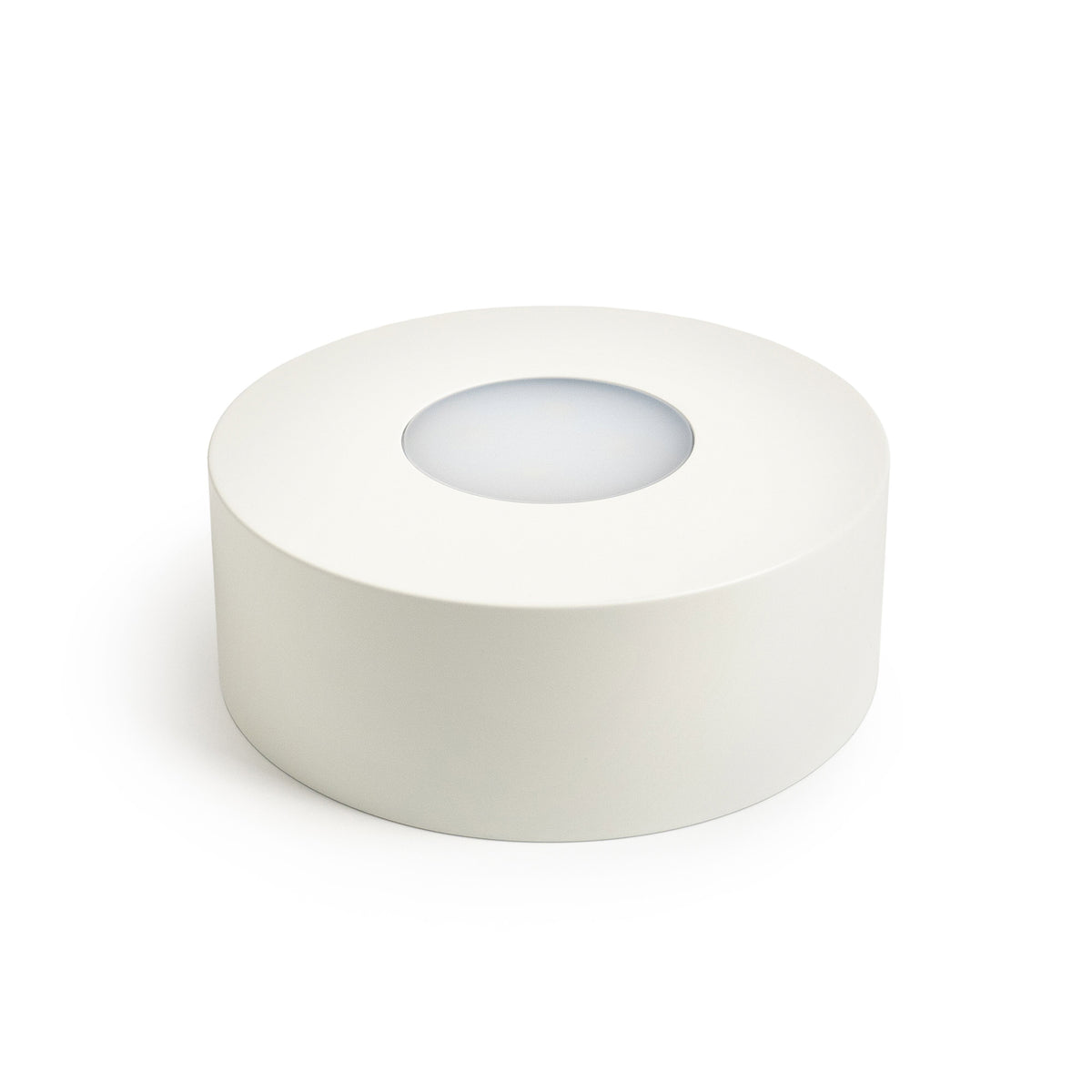 White cylindrical base with central circular opening and frosted glass dome insert.