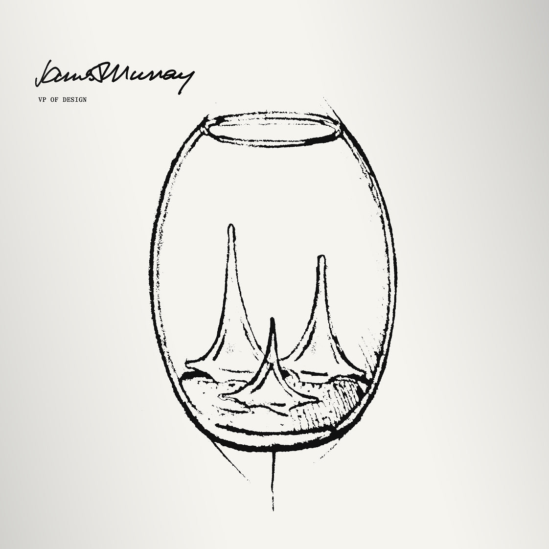 Hand-drawn sketch of a rounded glass globe with sailboat designs inside and a rim at the top.