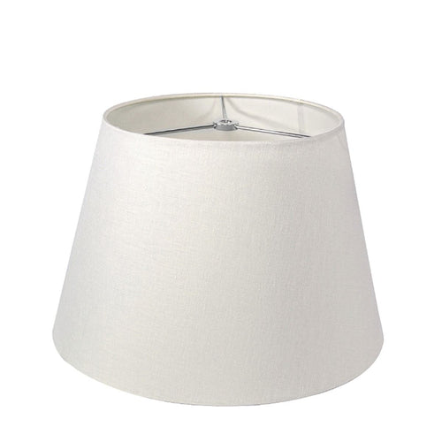 White linen tapered lamp shade with metal interior support and three-point connector at top.