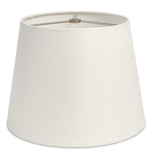 White linen tapered lamp shade with metal spider fitter and support arms.